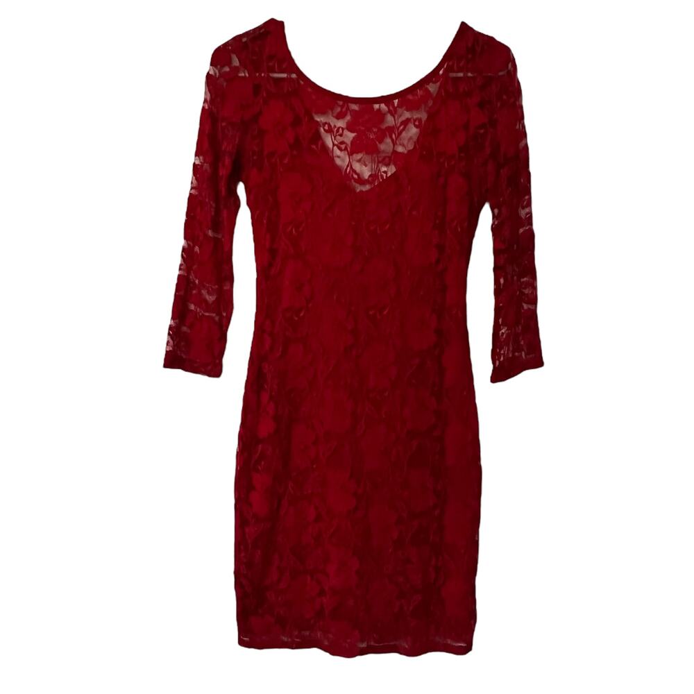 Jump Apparel Women's 3/4 Red Lace Mini Dress Long Sleeve Cocktail Party Dress